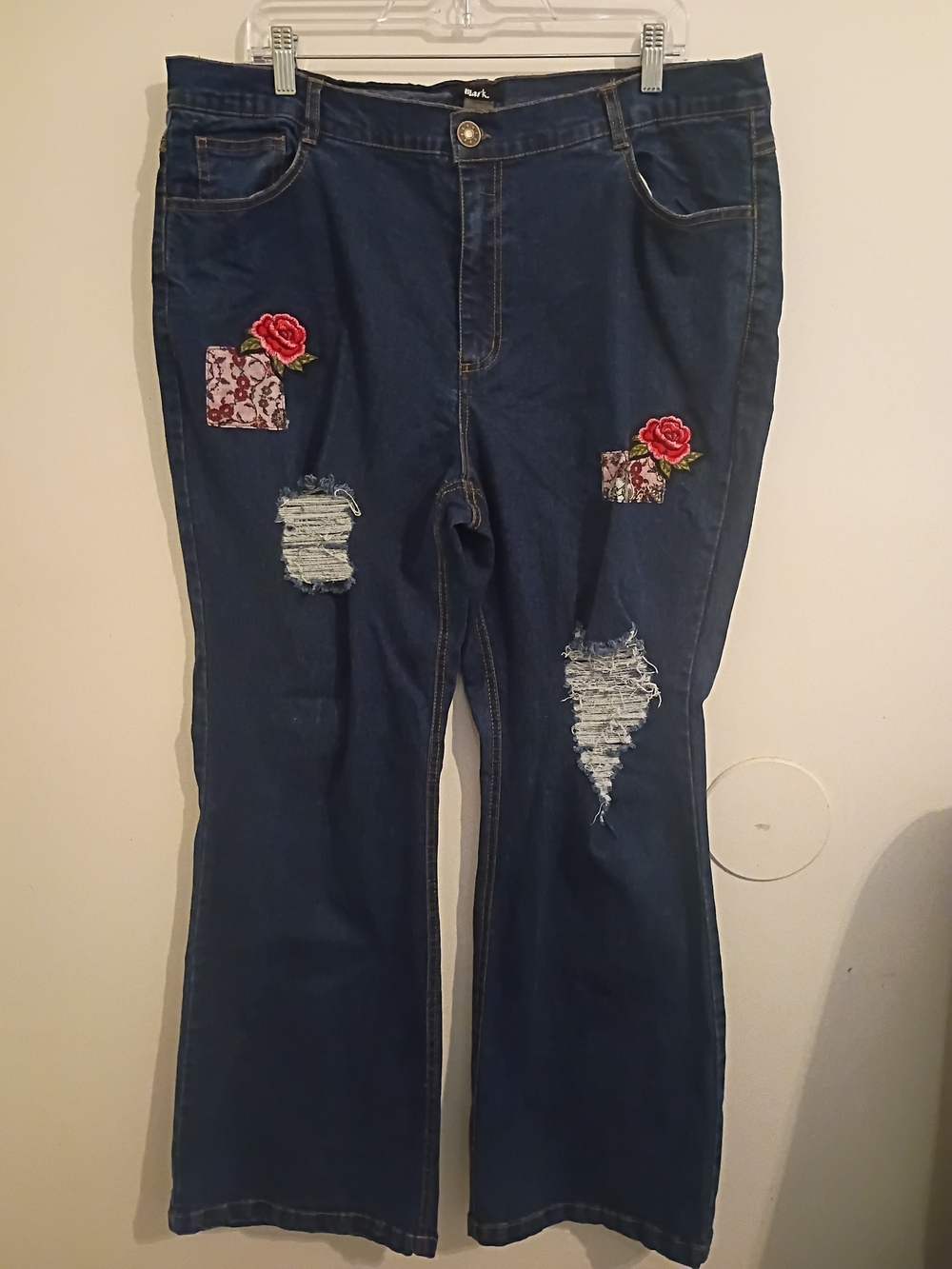 mark. Dark blue High-rise flare jeans with rose patch details Sz 18W
